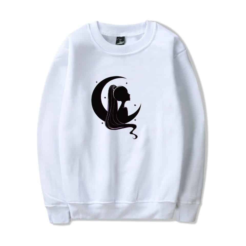 White sweatshirt with black silhouette of girl sitting on moon and stars, perfect for Ariana Grande fans.