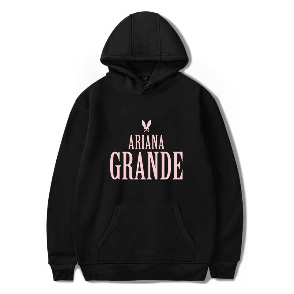 Ariana Grande hoodie featuring her logo and name in pink on a black hoodie.