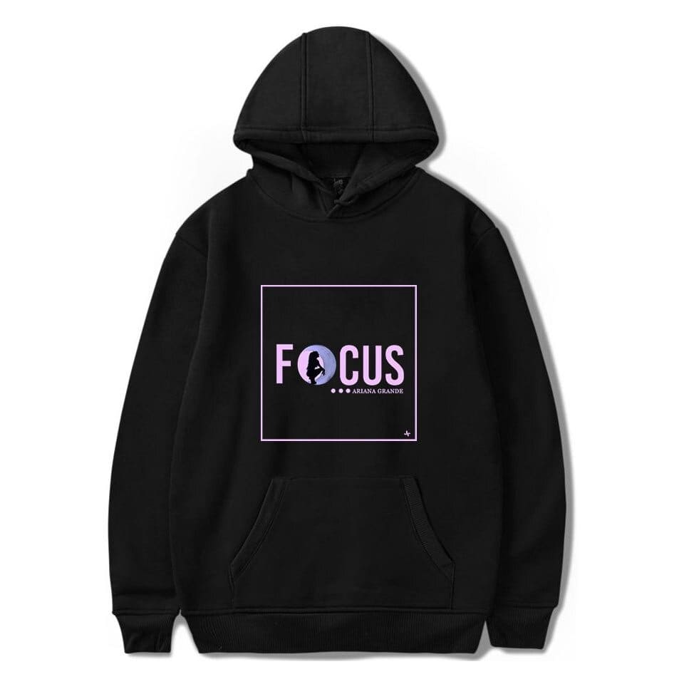 Black hoodie with Ariana Grande FOCUS graphic print and silhouette design.