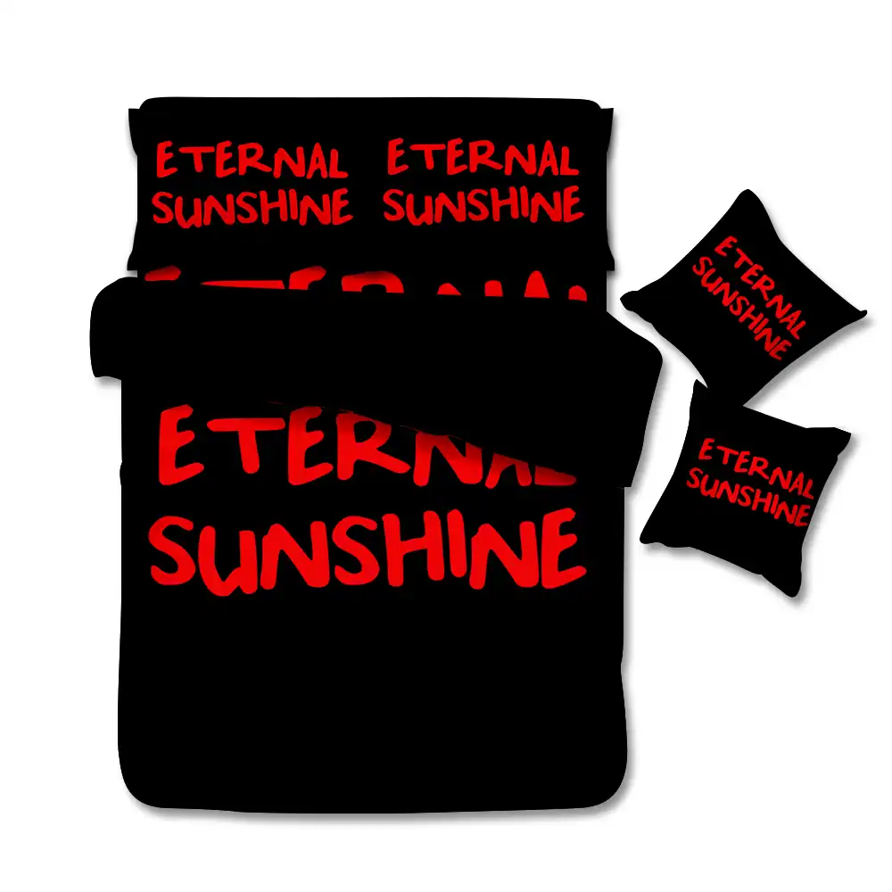 Eternal Sunshine clothing set and matching pillows with red text on black fabric.